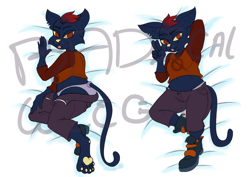 anthro bed butt cat dakimakura_design feline female hi_res mae_(nitw) mammal multiple_poses night_in_the_woods on_bed pose presenting radicalweegee solo tagme tail_ring watermark wide_hips