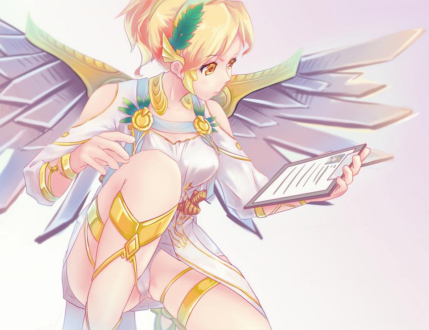 absurdres alternate_costume alternate_hair_color blonde_hair breasts brown_eyes cai_yuan clipboard cowboy_shot dress eyebrows_visible_through_hair head_wreath high_ponytail highres laurel_crown leg_up looking_at_clipboard md5_mismatch mechanical_wings medium_breasts mercy_(overwatch) overwatch panties pantyshot short_sleeves sketch solo toga underwear white_dress white_panties winged_victory_mercy wings