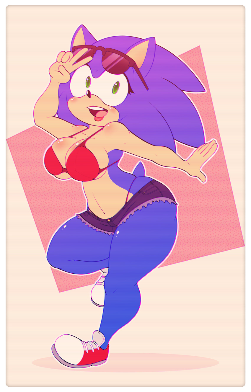 absurd_res anthro big_breasts blush breasts cleavage clothed clothing crossgender female hedgehog hi_res mammal shorts solo sonic_(series) sonic_the_hedgehog stunnerpony