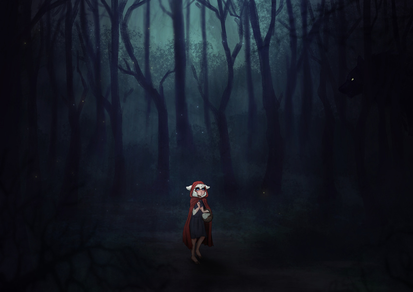 absurd_res basket cape caprine clothing cub darkness female forest hi_res little_red_riding_hood little_red_riding_hood_(copyright) loli mammal psi scared sheep tree young
