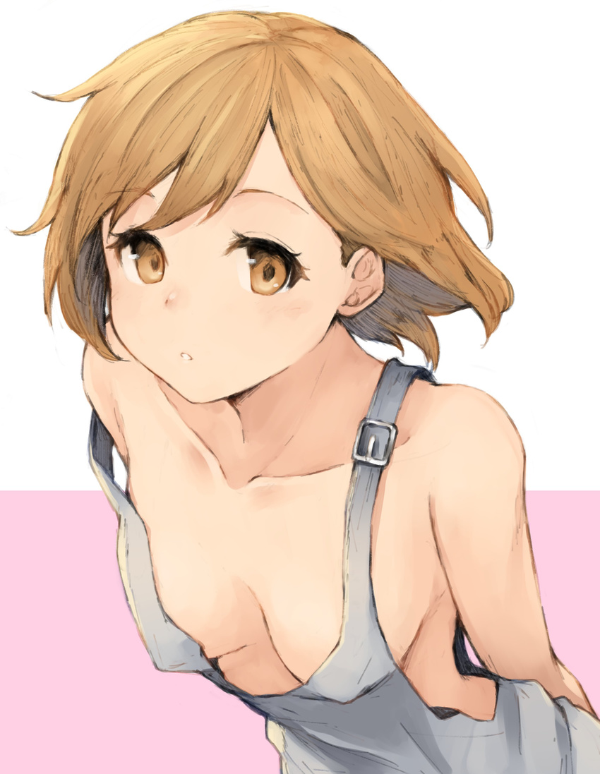 absurdres arms_behind_back bad_id bad_twitter_id bare_shoulders breasts brown_eyes brown_hair cleavage collarbone djeeta_(granblue_fantasy) eyebrows_visible_through_hair granblue_fantasy highres koretsuki_azuma leaning_forward looking_at_viewer mechanic_(granblue_fantasy) medium_breasts naked_overalls no_bra overalls parted_lips short_hair simple_background solo strap_slip