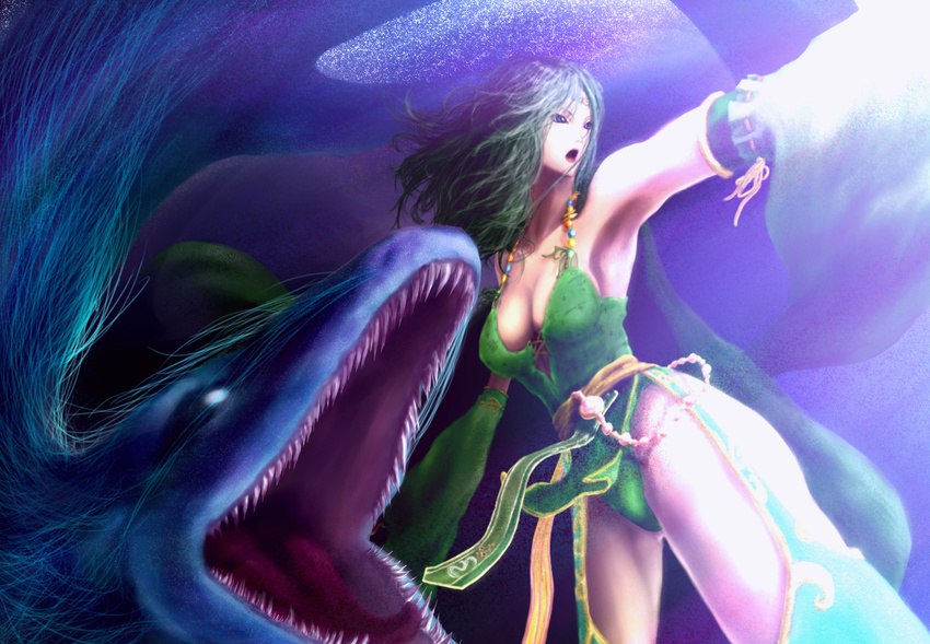 armpits bangs blue_eyes breasts cleavage commentary_request cowboy_shot detached_sleeves final_fantasy final_fantasy_iv green_hair green_legwear green_leotard highres large_breasts leotard leviathan_(final_fantasy) long_hair looking_to_the_side older open_mouth outstretched_arm pelvic_curtain rydia snake spoilers standing thighhighs tiara y"s