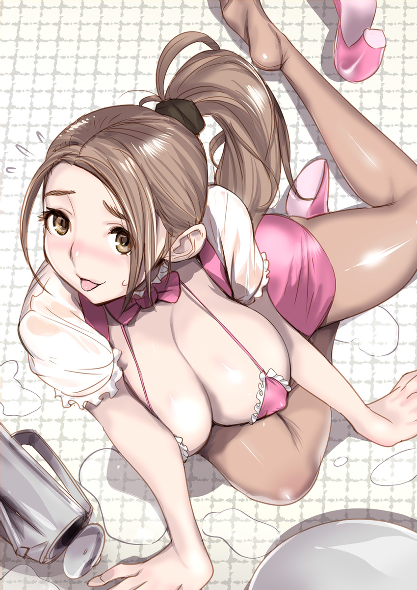 :p accident ass bikini_top blush bow bowtie breasts brown_eyes brown_hair brown_legwear detached_collar dytm flying_sweatdrops from_above full_body highres large_breasts long_hair looking_at_viewer miniskirt nose_blush on_floor original pink_footwear pink_skirt ponytail pool_monitor_part-timer_(dytm) shoes short_sleeves skirt smile solo teapot tongue tongue_out tray waitress wet