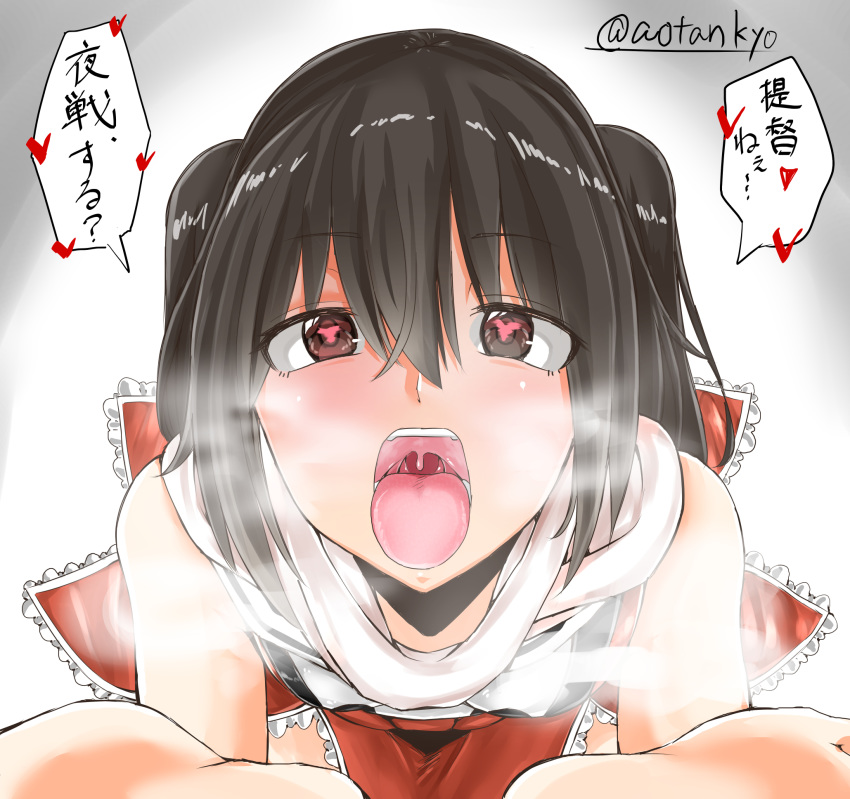 1girl aotankyo artist_name black_hair eyebrows_visible_through_hair heart heart-shaped_pupils kantai_collection long_hair looking_at_viewer open_mouth red_eyes sendai_(kantai_collection) solo symbol-shaped_pupils teeth text_focus tied_hair tongue tongue_out translation_request twintails upper_body uvula visible_air