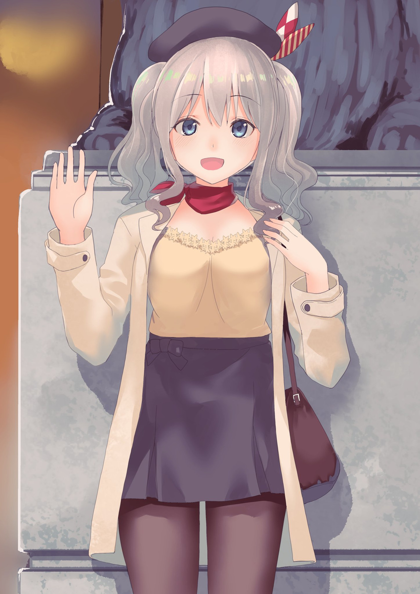 :d alternate_costume bag beret black_legwear black_skirt blue_eyes blue_skirt blush coat commentary_request eyebrows_visible_through_hair handbag hat highres jacket kantai_collection kashima_(kantai_collection) long_sleeves looking_at_viewer masukuza_j mitsukoshi_(department_store) neckerchief open_mouth pantyhose salute short_hair silver_hair skirt smile solo standing statue two_side_up white_coat white_jacket