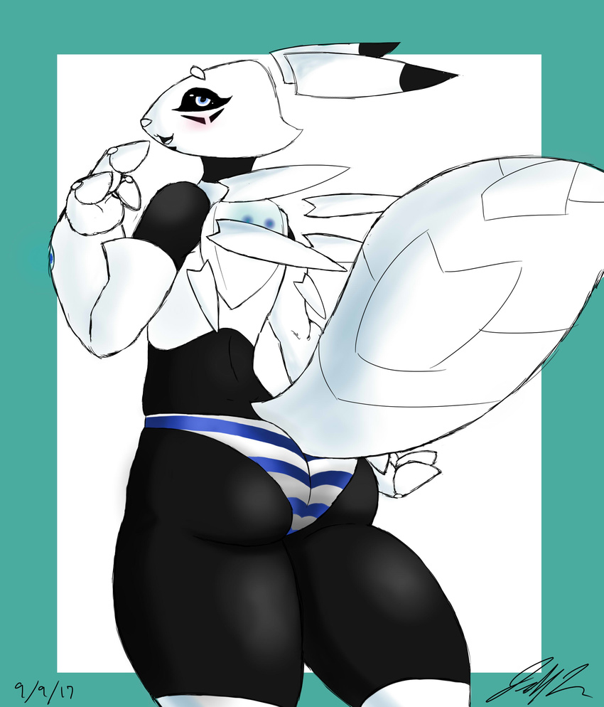 big_butt black_sclera blue_eyes blush butt clothed clothing digimon female from_behind_(disambiguation) glowing hi_res janus_(jeffthehusky) jeffthehusky looking_at_viewer machine markings panties raised_tail renamon robot smile stripes thick_thighs topless underwear