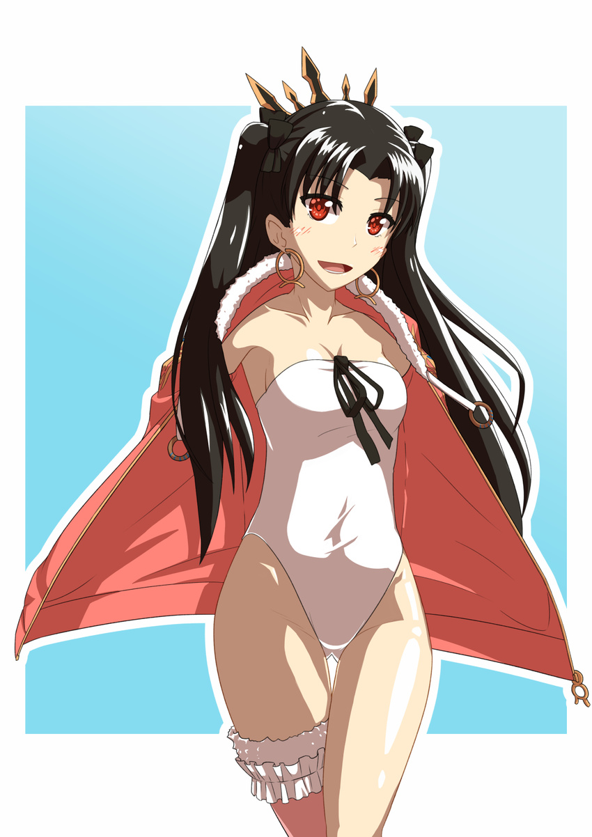 ass_visible_through_thighs black_hair black_ribbon casual_one-piece_swimsuit cowboy_shot earrings fate/grand_order fate_(series) halcyon_(halcyon90) highres ishtar_(fate/grand_order) ishtar_(swimsuit_rider)_(fate) jacket jewelry long_hair looking_at_viewer one-piece_swimsuit open_mouth pink_jacket red_eyes ribbon solo strapless strapless_swimsuit swimsuit white_swimsuit