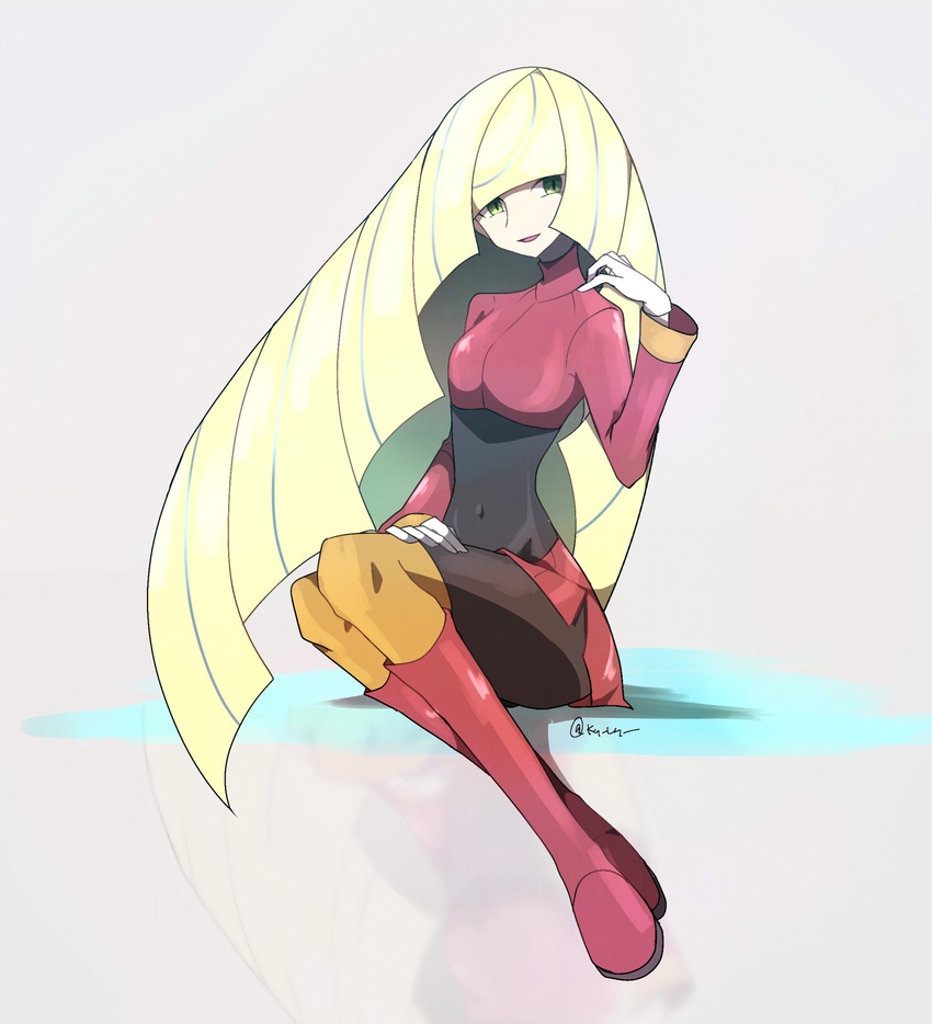 blonde_hair boots cosplay covered_navel gloves green_eyes grey_background groin highres impossible_hair knee_boots kuroi_paseri long_hair looking_at_viewer lusamine_(pokemon) natsume_(pokemon) natsume_(pokemon)_(cosplay) orange_legwear pantyhose pokemon pokemon_(game) pokemon_sm red_footwear reflection simple_background sitting solo very_long_hair