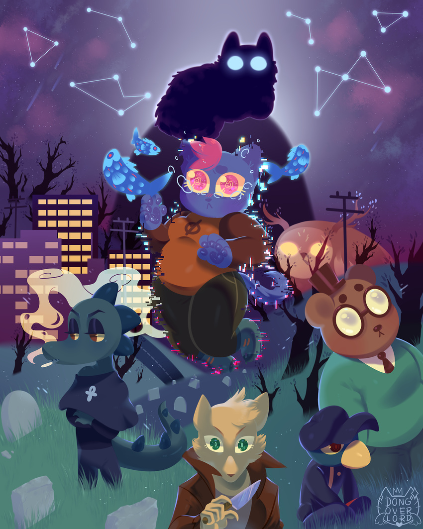 alligator angus_(nitw) ankh antlers avian bea_(nitw) bird building canine cat cigarette clothing constellations cover crocodile crocodilian dead_trees dissociation dongoverlord feline floating forest fox germ_(nitw) glowing glowing_eyes god? grass grave gregg_(nitw) hat hill holding_object holding_weapon horn jacket knife mae_(nitw) magazine_cover mammal night_in_the_woods night_time nightmare_eyes poles reptile scalie shooting_stars smoke smoking star tears telephone_poles tombstone top_hat tree unknown_species weapon windows_(disambiguation)