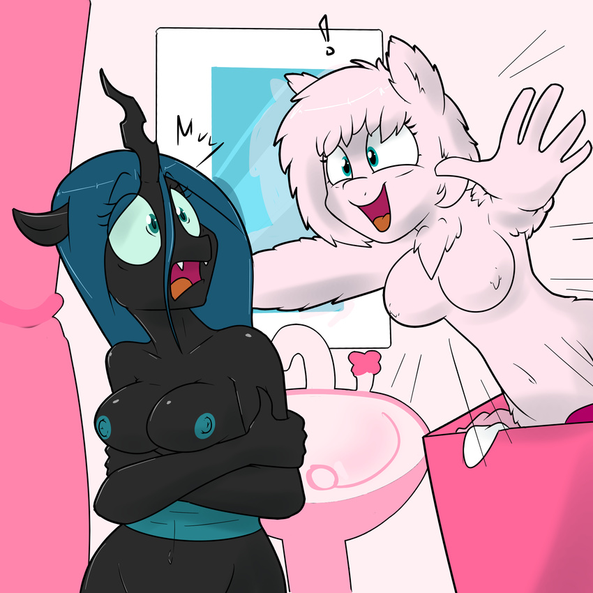 ! 2015 anthro anthrofied areola breast_rest breasts changeling duo earth_pony equine erect_nipples fan_character female fluffle_puff friendship_is_magic hi_res horn horse interspecies mammal my_little_pony nipples pony queen_chrysalis_(mlp) strangerdanger