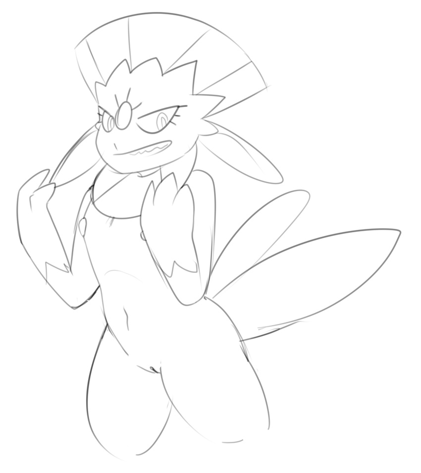 anthro breasts claws digital_media_(artwork) female fish-ears looking_at_viewer nintendo nipples nude pok&eacute;mon pussy simple_background sketch smile solo video_games weavile white_background