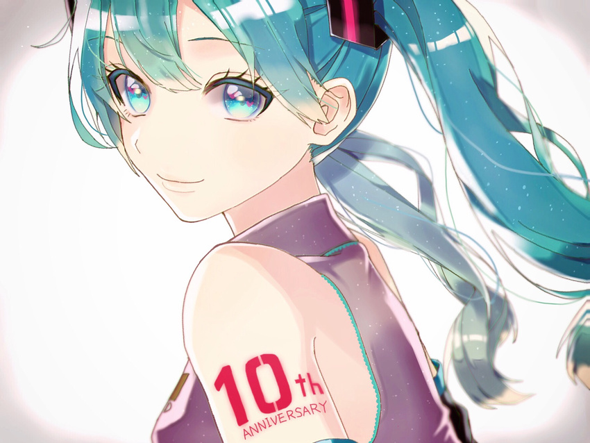 aqua_eyes aqua_hair bangs bare_shoulders close-up closed_mouth commentary_request daluto_(hitomi555) english eyebrows_visible_through_hair from_side hatsune_miku heart heart_in_eye highres long_hair looking_at_viewer purple_shirt shirt smile solo symbol_in_eye tattoo twintails vocaloid