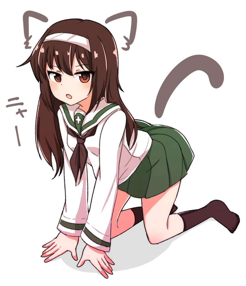 all_fours animal_ears bangs black_hair black_legwear black_neckwear blouse brown_eyes cat_ears cat_tail chawan_(yultutari) commentary drawing drawn_ears drawn_tail full_body girls_und_panzer green_skirt highres long_hair long_sleeves looking_at_viewer miniskirt neckerchief no_shoes ooarai_school_uniform open_mouth pet_play pleated_skirt reizei_mako school_uniform serafuku shadow simple_background skirt socks solo tail translated white_background white_blouse