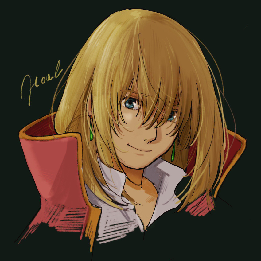 bangs blonde_hair blue_eyes character_name closed_mouth commentary_request earrings eyebrows_visible_through_hair green_background high_collar highres howl_(howl_no_ugoku_shiro) howl_no_ugoku_shiro jewelry long_hair looking_at_viewer male_focus portrait sako_(user_ndpz5754) simple_background smile solo