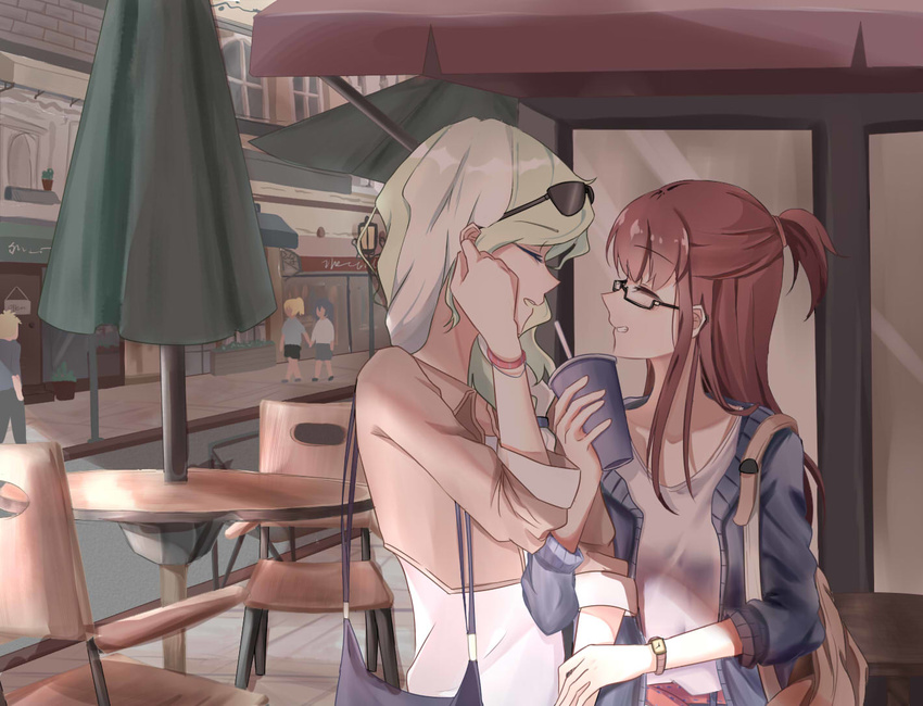 bespectacled blonde_hair brown_hair casual couple diana_cavendish feeding glasses kagari_atsuko little_witch_academia locked_arms mimmf multiple_girls shade smile town watch wristwatch yuri