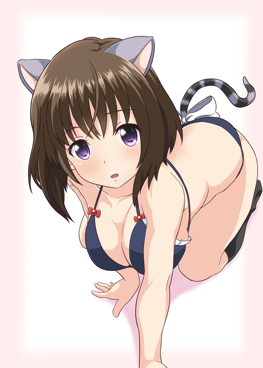 :o all_fours alternative_girls animal_ears asahina_nono bare_arms bikini bow breasts brown_hair cat_ears cat_tail guchiaki highres large_breasts looking_at_viewer purple_eyes short_hair solo swimsuit tail tail_bow