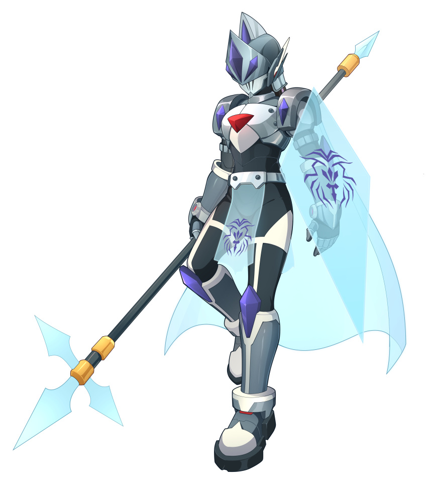1boy absurdres alternate_costume armor armored_boots body_armor bodysuit boots chest_jewel commission commissioner_upload energy_barrier energy_cape energy_lance energy_shield full_body gareth_(mega_man) gauntlets gloves helmet highres knee_armor male_focus mechanical_ears mega_man_(series) mega_man_x_(series) mega_man_xtreme_2 mega_man_zero_(series) non-web_source redesign shoulder_armor solo transparent_background uta_guipiy