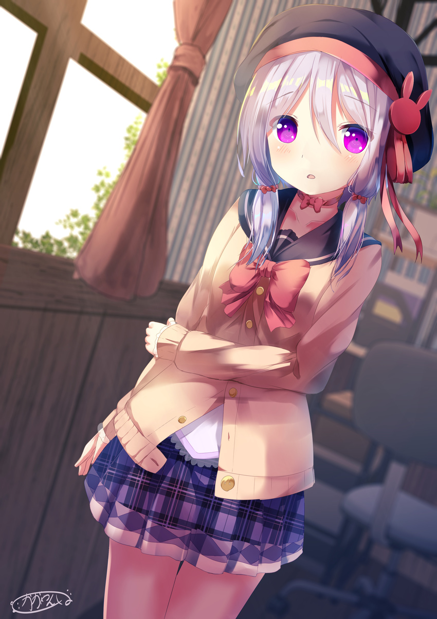 absurdres alternate_costume bad_id bad_nicoseiga_id commentary_request curtains highres indoors kagayannu long_sleeves looking_at_viewer miniskirt plaid plaid_skirt purple_eyes purple_hair school_uniform short_hair_with_long_locks sidelocks skirt solo vocaloid voiceroid window yuzuki_yukari