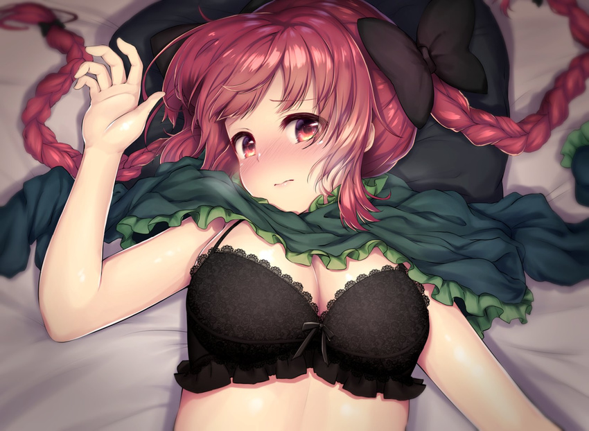 bare_arms bed_sheet black_bow black_bra blurry blush bow bra braid breasts cleavage closed_mouth commentary_request depth_of_field dress dress_lift green_dress hair_bow highres kaenbyou_rin lace lace-trimmed_bra large_breasts long_hair looking_at_viewer lying no_animal_ears on_back red_eyes red_hair shiny shiny_hair solo tareme topia touhou twin_braids underwear upper_body