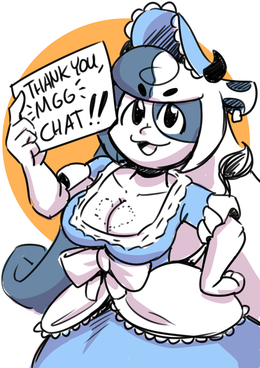 anaugi animal_humanoid big_breasts bonnet bovine breasts cleavage clothed clothing cow_humanoid dress ear_piercing english_text female freckles hair hi_res horn humanoid klara_(monster_girl_gamu) mammal monster_girl_gamu multicolored_hair open_mouth piercing sign smile solo text two_tone_hair