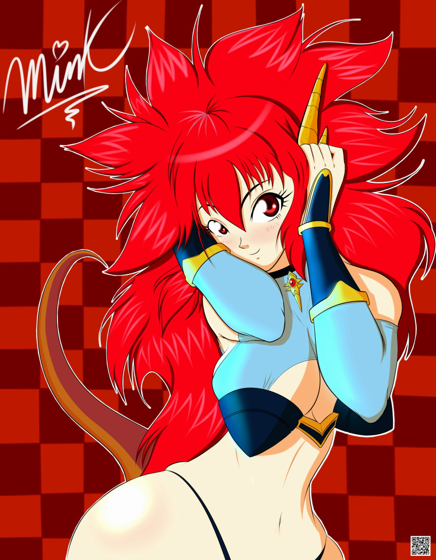 &lt;3 2012 absurd_res animal_humanoid breasts checkered_background clothed clothing dragon_half dragon_humanoid english_text female hair hand_on_face hi_res horn humanoid looking_at_viewer mink_(dragon_half) mkonstantinov navel pattern_background qr_code red_eyes red_hair simple_background smile text underwear wide_hips