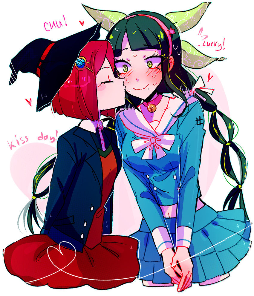 2girls bell black_hair blush chabashira_tenko choker couple danganronpa green_eyes hair_ornament hairband hairpin huyandere kiss long_hair multiple_girls new_danganronpa_v3 red_hair ribbon school_uniform tied_hair twintails yumeno_himiko yuri