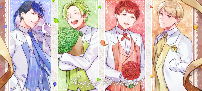 4boys aym_(ash3ash3ash) black_hair blonde_hair blue_hair bouquet bow bowtie brown_eyes cleive closed_eyes fire_emblem fire_emblem_echoes:_mou_hitori_no_eiyuuou flower force_(fire_emblem) formal green_hair leaf looking_at_viewer lukas_(fire_emblem) male_focus mole mole_under_mouth multicolored_hair multiple_boys necktie open_mouth paison petals red_hair suit teeth two-tone_hair upper_body
