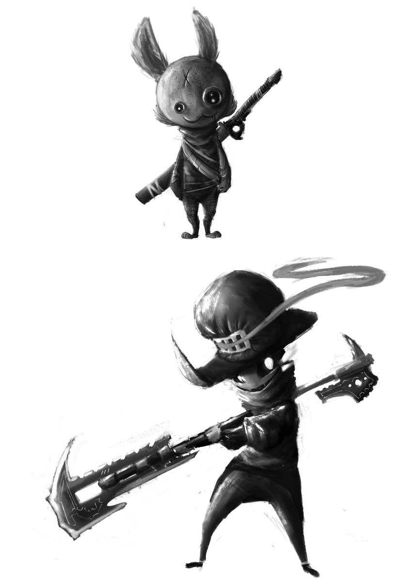 2017 :3 anthro clothed clothing duo glowing glowing_eyes greyscale hat holding_object holding_weapon humanoid lagomorph looking_at_viewer mammal monochrome rabbit scabbard scar simple_background smile sprinkah standing weapon white_background