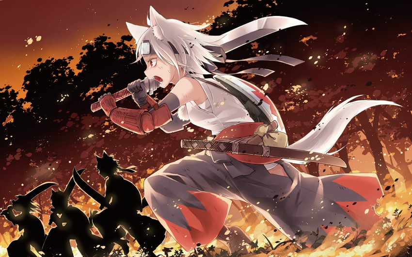 animal_ears baggy_pants commentary_request fire forest gauntlets headband highres hip_vent holding holding_sword holding_weapon inubashiri_momiji nature open_mouth outdoors pants pouch red_eyes running sarashi sash silhouette solo_focus sweat sword tail touhou toutenkou tree vambraces weapon white_hair wolf_ears wolf_tail