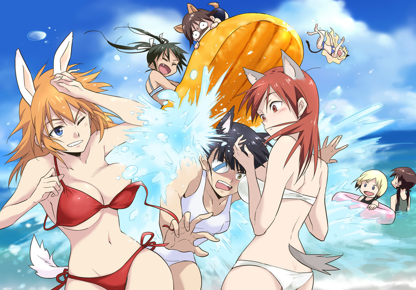 agahari animal_ears bikini black_hair blonde_hair blue_bikini blue_eyes blush brown_hair bunny_ears bunny_tail cat_ears cat_tail charlotte_e_yeager competition_swimsuit dog_ears dog_tail erica_hartmann eyepatch fang francesca_lucchini gertrud_barkhorn glasses grin hair_ribbon inflatable_raft innertube midriff minna-dietlinde_wilcke miyafuji_yoshika multicolored_hair multiple_girls navel one-piece_swimsuit one_eye_closed open_mouth orange_hair perrine_h_clostermann red_bikini red_eyes red_hair ribbon sakamoto_mio school_swimsuit smile splashing strike_witches striped striped_bikini sweatdrop swimsuit tail twintails two-tone_hair wardrobe_malfunction white_bikini world_witches_series yellow_eyes