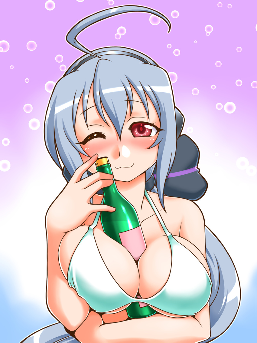 ;3 ahoge between_breasts bikini blush breasts commentary_request headphones highres large_breasts long_hair looking_at_viewer nishi_kita one_eye_closed ponytail red_eyes silver_hair smile solo swimsuit upper_body vocaloid voyakiloid yowane_haku