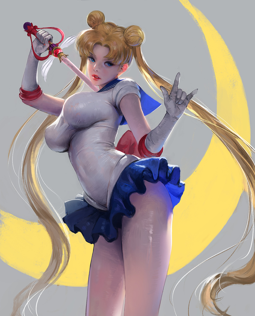 absurdres bad_artstation_id bad_id bangs bishoujo_senshi_sailor_moon blonde_hair blue_eyes blue_sailor_collar blue_skirt crescent double_bun gloves hand_up highres holding holding_weapon j._won_han kaleidomoon_scope long_hair looking_at_viewer looking_to_the_side parted_bangs parted_lips sailor_collar sailor_moon sailor_senshi_uniform shirt skirt solo standing tight_shirt tsukino_usagi very_long_hair weapon white_gloves white_shirt