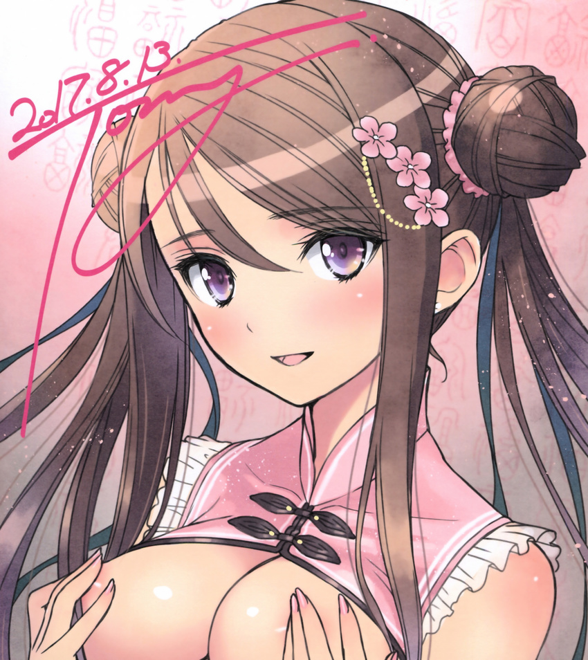 2017 absurdres areolae bangs blush breast_hold breasts brown_hair china_dress chinese_clothes chun-mei covering_nipples dated dress eyebrows_visible_through_hair hair_ornament highres long_hair looking_at_viewer medium_breasts nail_polish no_bra open_clothes open_mouth open_shirt original purple_eyes shirt signature sleeveless smile tanaka_takayuki twintails upper_body