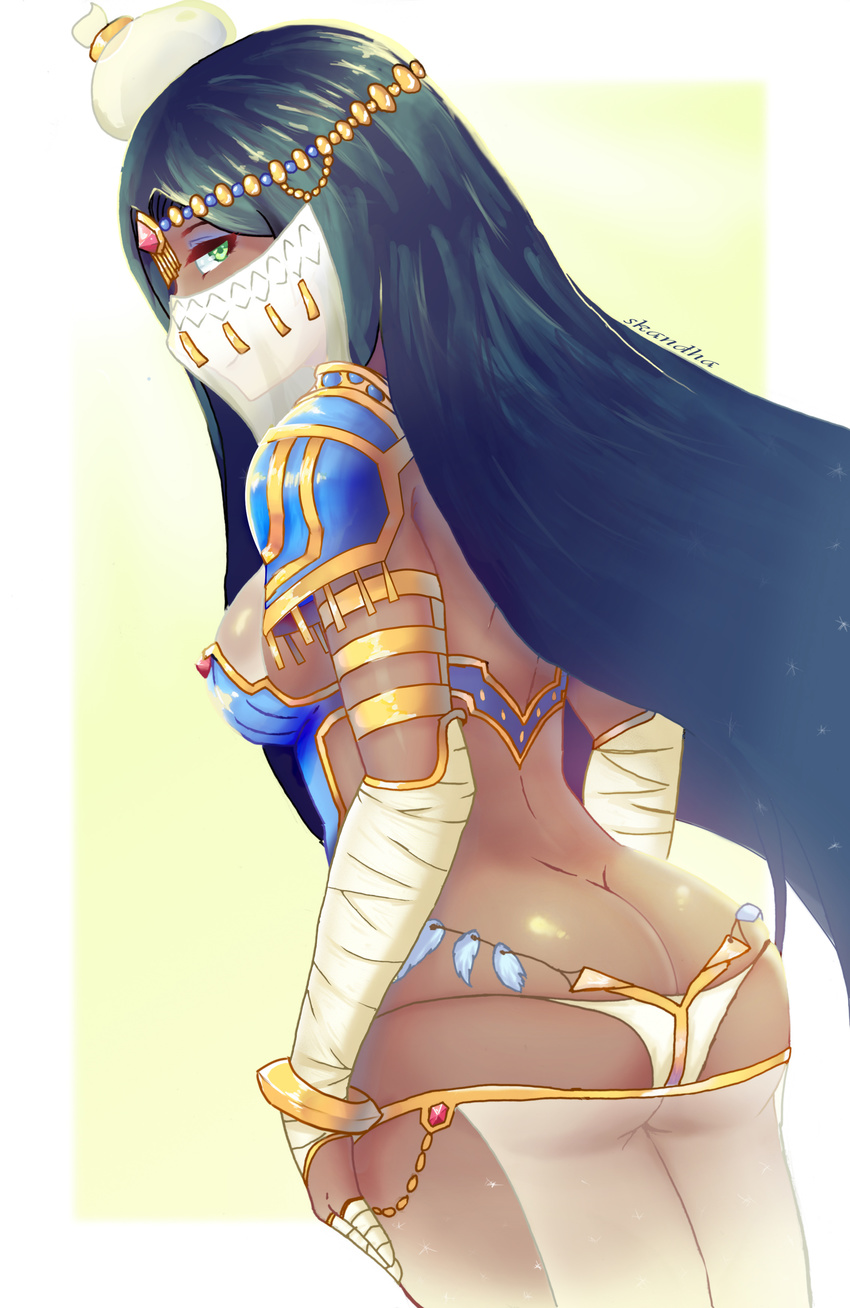 absurdres arabian arabian_clothes arabic armlet arms_at_sides ass black_hair bracelet breasts bridal_gauntlets butt_crack covering_face cowboy_shot curvy dark_skin dutch_angle fate/grand_order fate_(series) finger_wrap from_side gold hair_ornament highres jewelry long_hair looking_at_viewer ornament outside_border profile scheherazade_(fate/grand_order) shoulder_pads sideboob skandha thick_thighs thighs veil