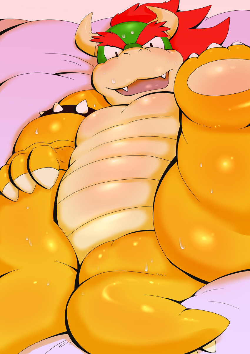 2017 anthro bed blush bowser lying male mario_bros nintendo on_back solo sweat video_games ラスク＠０７_(artist)