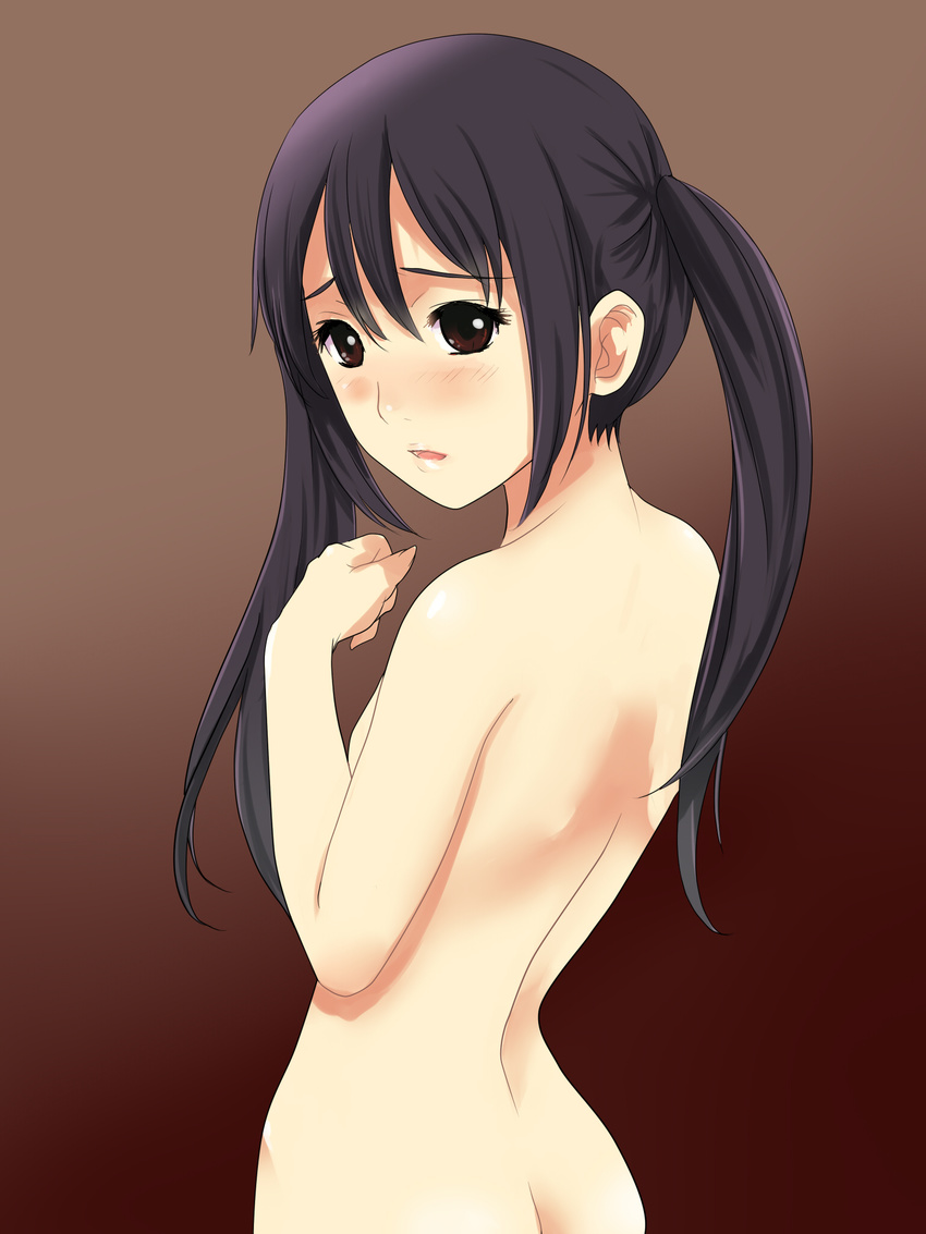 back bad_id bad_pixiv_id black_hair blush brown_eyes gossa-tei highres k-on! looking_back nakano_azusa nude solo twintails