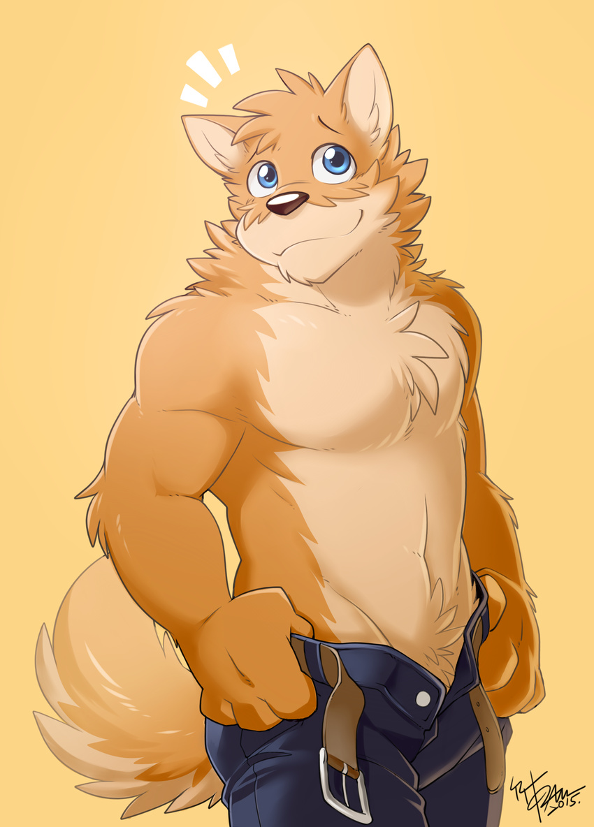 2015 absurd_res anthro belt biceps blue_eyes body_hair canine chest_tuft clothed clothing cute digital_media_(artwork) dog fluffy fur happy_trail hi_res jeans looking_up male mammal muscular muscular_male pants shy simple_background solo standing takemoto takemoto_arashi topless tuft undressing