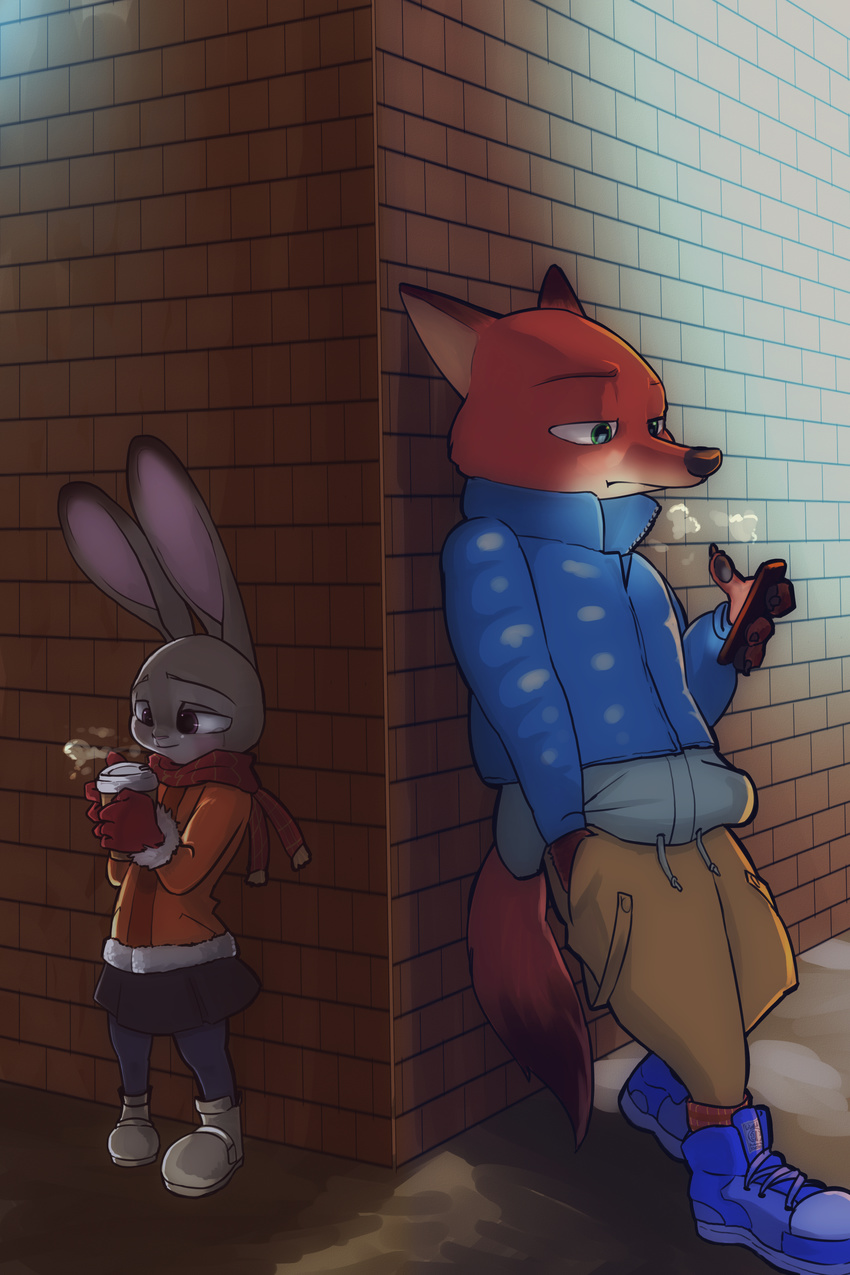 2016 absurd_res anthro beverage boots breath canine cellphone claws clothing coffee dipstick_tail disney duo female footwear fox fur gloves green_eyes hand_in_pocket hi_res holding_object judy_hopps lagomorph male mammal multicolored_tail nick_wilde outside pawpads phone purple_eyes rabbit scarf shoes size_difference skirt winter zigrock001 zootopia