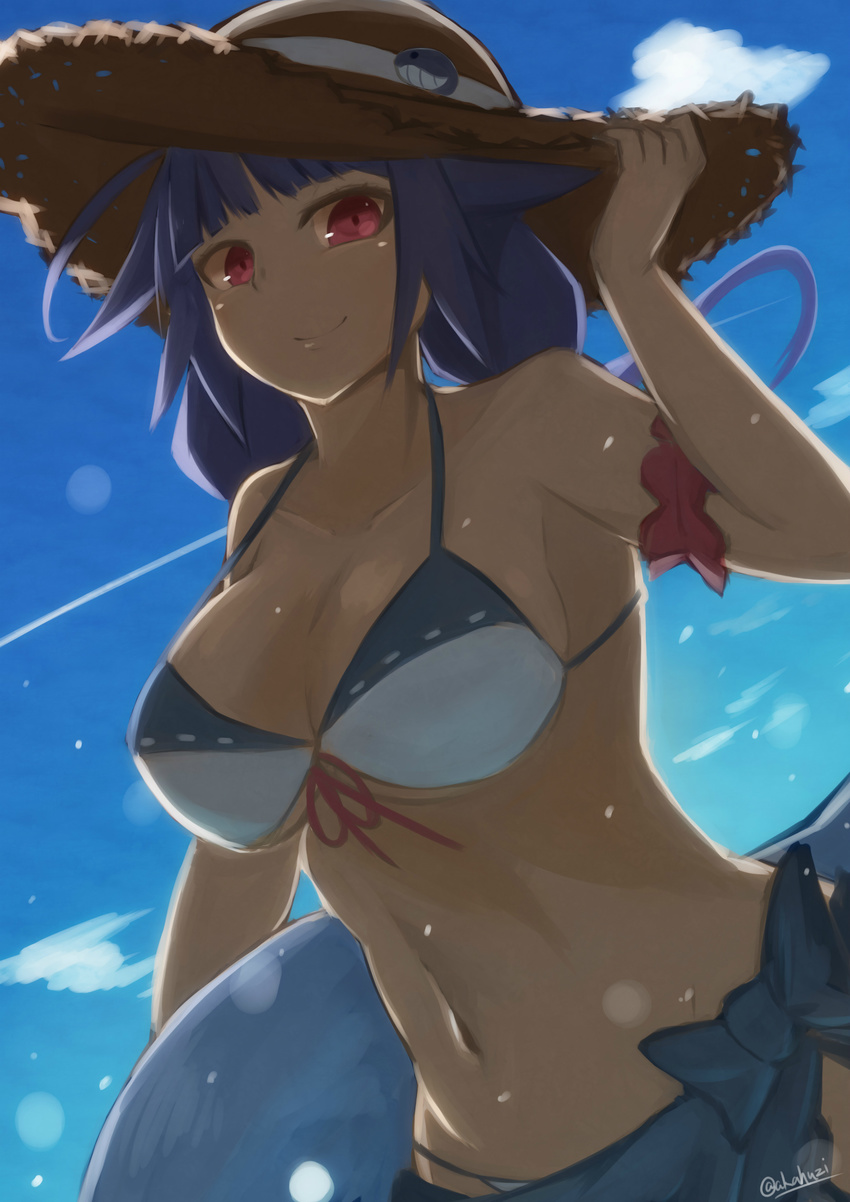 absurdres akahuzi artist_name bad_id bad_pixiv_id blue_hair blush breasts cleavage closed_mouth hat highres kantai_collection large_breasts long_hair looking_at_viewer navel red_eyes smile solo sun_hat swimsuit taigei_(kantai_collection) twitter_username