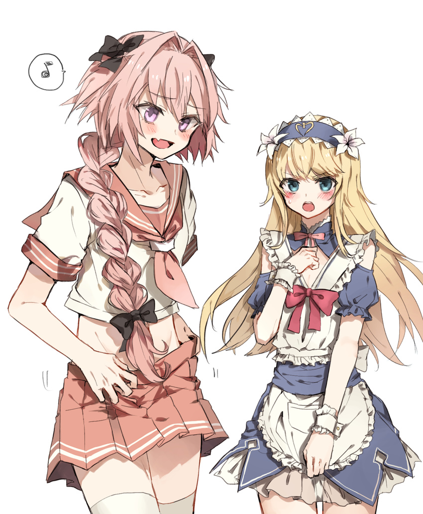 1other :o androgynous apron aqua_eyes astolfo_(fate) bangs black_bow blonde_hair blue_dress blush bow braid chevalier_d'eon_(fate/grand_order) chibirisu clenched_hand collarbone cowboy_shot detached_collar dress eighth_note eyebrows_visible_through_hair fang fate/apocrypha fate/grand_order fate_(series) flower frilled_apron frilled_dress frills hair_bow hair_flower hair_ornament hairband highres lily_(flower) long_hair looking_at_viewer looking_away maid_apron maid_headdress male_focus miniskirt multiple_boys musical_note neckerchief open_mouth otoko_no_ko pink_bow pink_hair pink_neckwear pink_skirt pleated_skirt puffy_short_sleeves puffy_sleeves purple_eyes sailor_collar school_uniform serafuku shirt short_sleeves shoulder_cutout skirt speech_bubble spoken_musical_note swept_bangs thighhighs undressing upper_teeth v-shaped_eyebrows waist_apron white_apron white_background white_legwear white_shirt wrist_cuffs