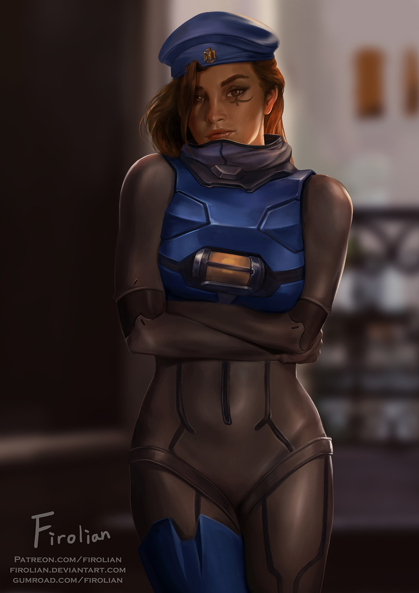 ana_(overwatch) artist_name beret brown_eyes captain_amari covered_navel cowboy_shot crossed_arms dark_skin deviantart_username facial_mark firolian hat highres lips overwatch patreon_username realistic skin_tight solo standing window younger