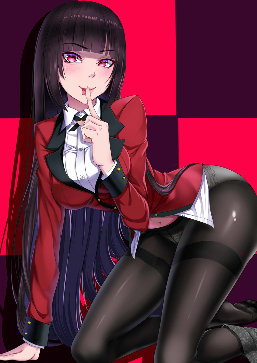 :p absurdres all_fours bangs black_hair black_legwear blazer blunt_bangs blush breasts crotch_seam eyebrows_visible_through_hair finger_to_mouth highres hime_cut index_finger_raised jabami_yumeko jacket kakegurui large_breasts long_hair looking_at_viewer navel panties panties_under_pantyhose pantyhose red_eyes red_jacket school_uniform shushing skirt skirt_around_one_leg solo thighband_pantyhose tongue tongue_out underwear very_long_hair xiao_gen