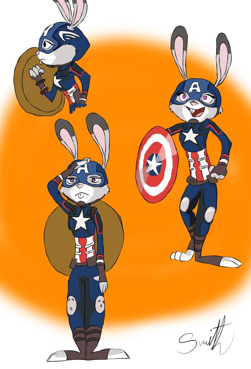 2016 3_toes 4_fingers absurd_res anthro captain_america clothing crossover disney duo female fur hi_res judy_hopps lagomorph looking_at_viewer mammal marvel multiple_poses open_mouth open_smile pose purple_eyes quirky-middle-child rabbit salute shield signature simple_background smile solo toes uniform zootopia
