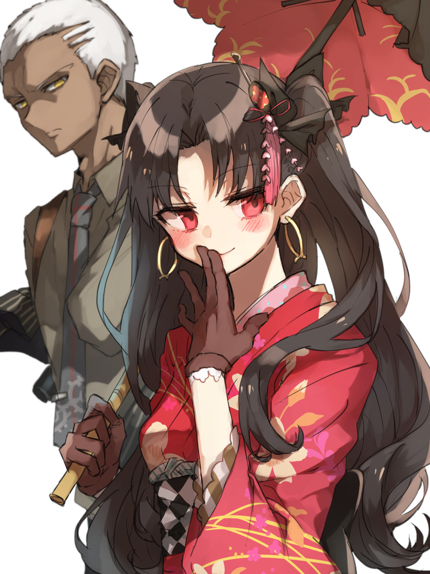 &gt;:( 1girl alternate_costume bangs black_bow blush bow brown_gloves brown_hair chibirisu closed_mouth collared_shirt dark_skin dark_skinned_male emiya_alter eyebrows_visible_through_hair fate/grand_order fate_(series) fingers_to_mouth floral_print frown gloves hair_bow hair_ornament heroic_spirit_formal_dress highres holding holding_umbrella ishtar_(fate/grand_order) japanese_clothes kimono long_hair long_sleeves looking_at_viewer looking_away necktie parted_bangs pinstripe_pattern red_eyes red_kimono sash shirt smile smirk striped twintails two_side_up umbrella v-shaped_eyebrows white_background white_hair wide_sleeves yellow_eyes