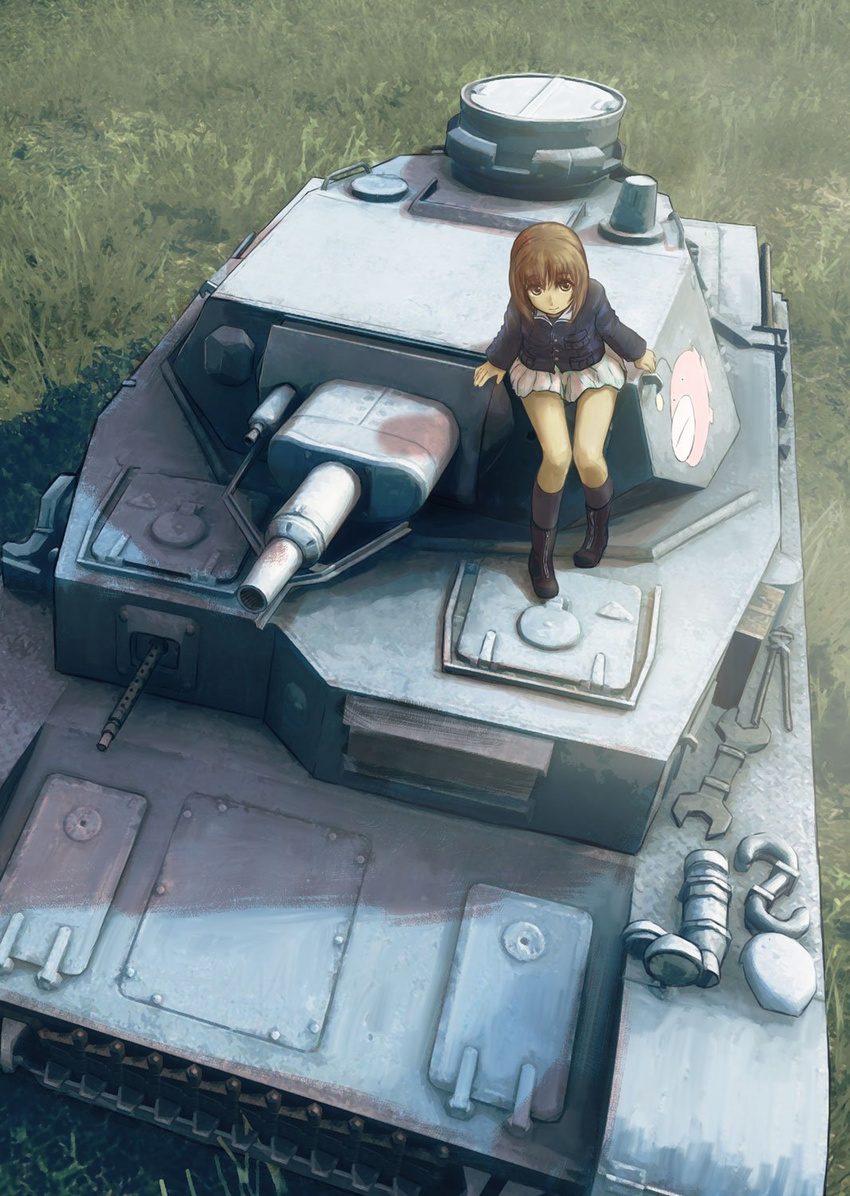 anglerfish bangs black_footwear black_legwear blue_jacket boots brown_eyes brown_hair closed_mouth day emblem girls_und_panzer green_shirt ground_vehicle highres jacket leaning_forward long_sleeves looking_at_viewer military military_uniform military_vehicle miniskirt motor_vehicle nishizumi_miho nito_(nshtntr) on_vehicle ooarai_military_uniform outdoors panzerkampfwagen_iv pleated_skirt shadow shirt short_hair sitting skirt smile socks solo tank uniform white_skirt