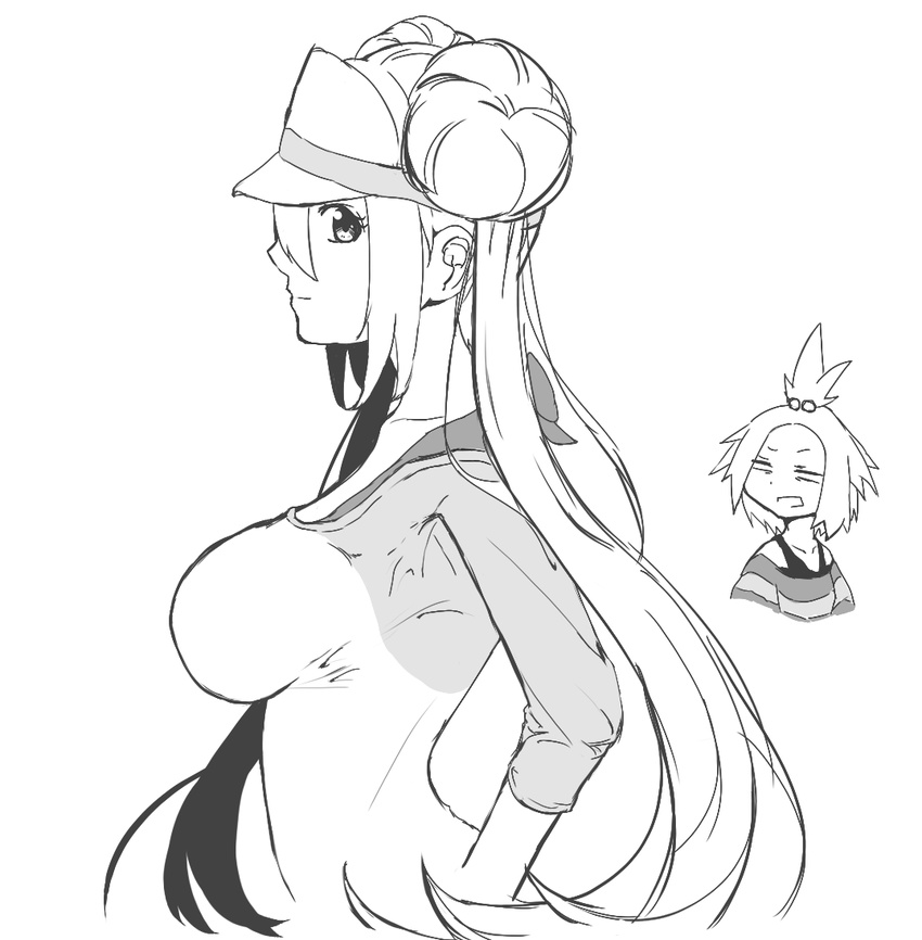 arched_back breasts collarbone commentary_request doruka double_bun from_side greyscale hair_bun half-closed_eyes hat homika_(pokemon) large_breasts long_hair looking_to_the_side mei_(pokemon) monochrome multiple_girls pokemon pokemon_(game) pokemon_bw2 shirt short_hair simple_background striped striped_shirt tied_hair twintails upper_body visor_cap white_background