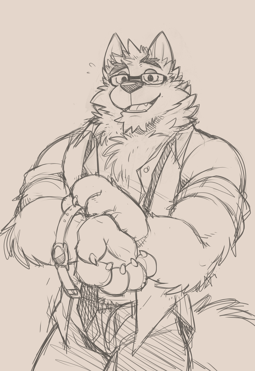 2015 5_fingers absurd_res anthro biceps big_muscles canine chest_tuft claws clothed clothing eyewear fangs fluffy front_view fur glasses hi_res looking_at_viewer male mammal mr._wolf_(takemoto_arashi) muscular muscular_male necktie open_mouth open_shirt pants partially_clothed shirt simple_background sketch smile solo standing takemoto_arashi teeth tongue tuft wolf