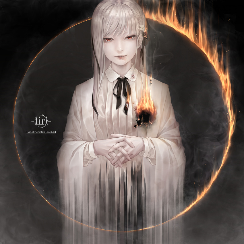 bangs bouno_satoshi burning burnt_clothes cowboy_shot dress fingers_together fire hair_ornament highres looking_at_viewer neck_ribbon original pale_skin pleated_dress red_eyes ribbon smoke solo standing white_hair