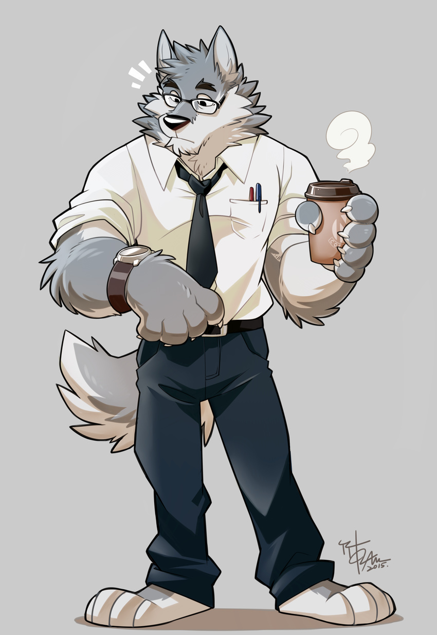 2015 4_toes 5_fingers absurd_res anthro barefoot belt beverage big_muscles black_eyes black_nose canine claws clothed clothing coffee digital_media_(artwork) eyewear fluffy front_view fully_clothed fur glasses grey_background grey_fur hi_res holding_object male mammal mr._wolf_(takemoto_arashi) multicolored_fur muscular muscular_male necktie pants shirt simple_background solo standing takemoto_arashi toes two_tone_fur watch white_fur wolf