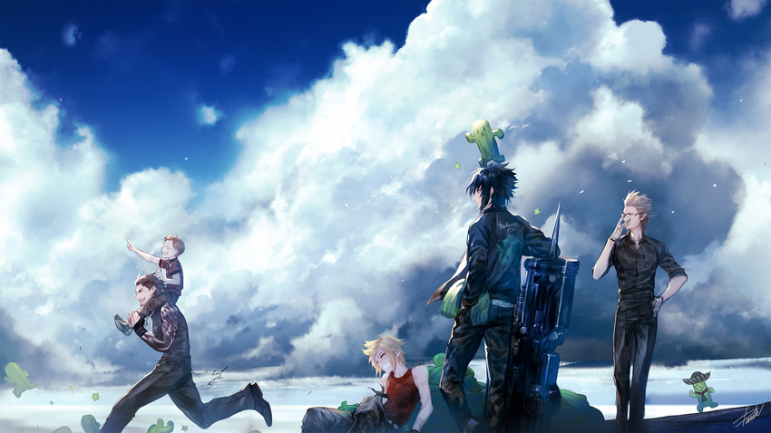 alternate_costume armband blue_sky carrying cloud cloudy_sky danhu day final_fantasy final_fantasy_xv gladiolus_amicitia glasses hat highres ignis_scientia jacket machinery multiple_boys noctis_lucis_caelum prompto_argentum running sabotender shoulder_carry sky sombrero spiked_hair talcott_hester weapon